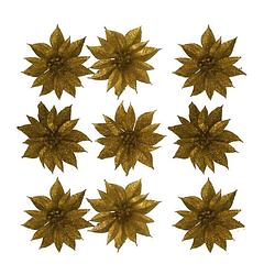 Foto van 12x stuks glitter decoratie bloemen op clip goud 9.5 cm - kunstbloemen