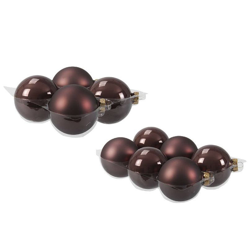 Foto van 20x stuks glazen kerstballen donkerbruin (chestnut) 8 en 10 cm mat/glans - kerstbal