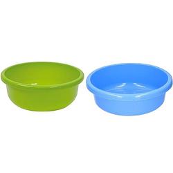 Foto van 2x ronde afwasteil blauw en groen kunststof 9 liter - afwasbak