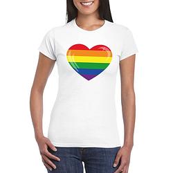 Foto van Gay pride t-shirt regenboog vlag in hart wit dames 2xl - feestshirts