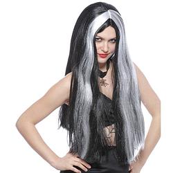 Foto van Funny fashion heksenpruik lang haar - zwart/grijs - dames - halloween - verkleedpruiken