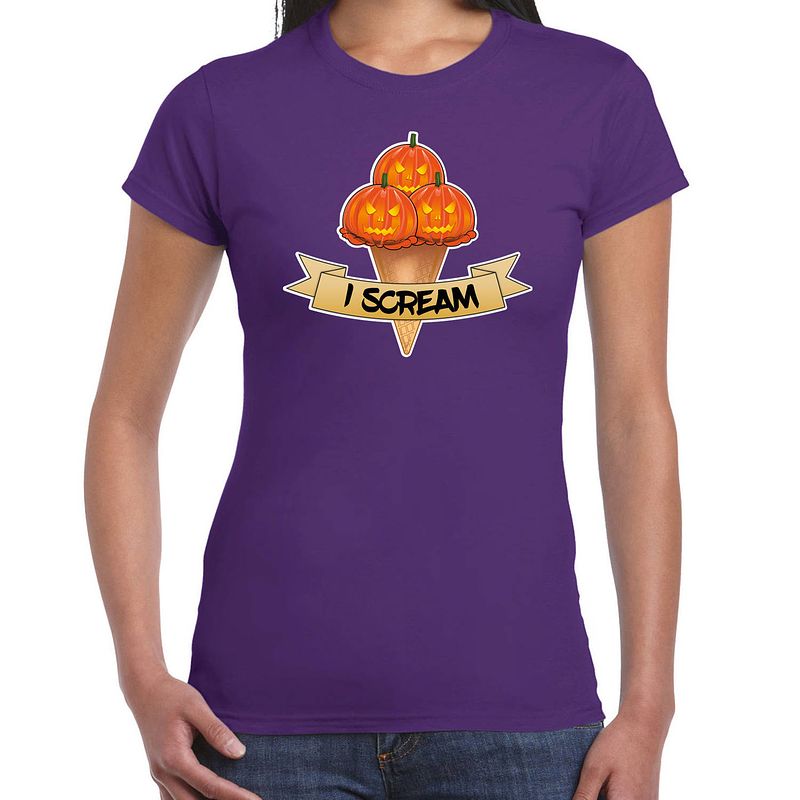 Foto van Bellatio decorations halloween verkleed t-shirt dames - pompoen - paars - themafeest outfit - i scream 2xl - feestshirts