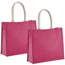 Foto van 2x stuks jute fuchsia roze boodschappentassen 42 cm - strandtassen