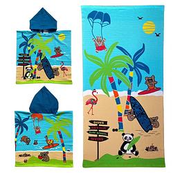 Foto van Set van bad cape/poncho met strand/badlaken voor kinderen dieren print microvezel - badcapes