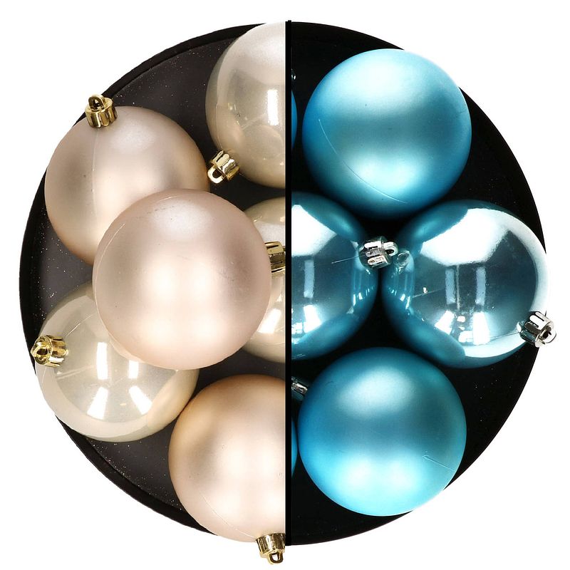 Foto van Decoris kerstballen - 12x st - 8 cm - champagne en blauw - kunststof - kerstbal