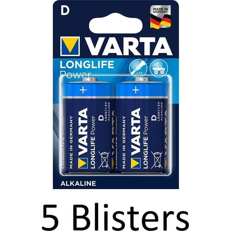 Foto van 10 stuks (5 blisters a 2 st) varta longlife power d batterijen