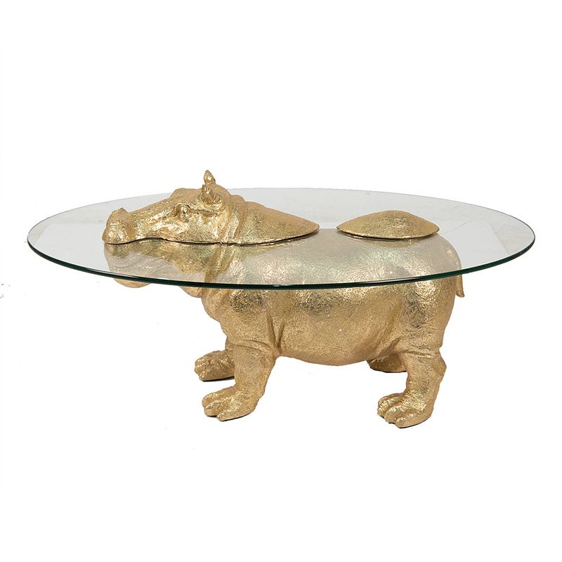 Foto van Clayre & eef bijzettafel nijlpaard 80*50*37 cm goudkleurig kunststof glas side table tafeltje woonaccessoires