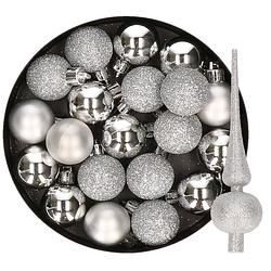 Foto van 24x stuks kunststof kerstballen 6 cm inclusief glitter piek zilver - kerstbal