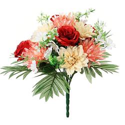 Foto van Louis maes kunstbloemen boeket roos/dahlia - rood/zalm - h36 cm - bloemstuk - bladgroen - kunstbloemen