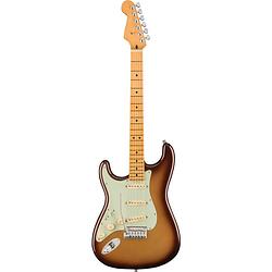 Foto van Fender american ultra stratocaster lh mocha burst mn linkshandige elektrische gitaar met koffer