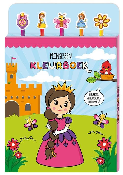 Foto van Kleurboek met 5 potloden en gummen - prinsessen - paperback (9789464325607)