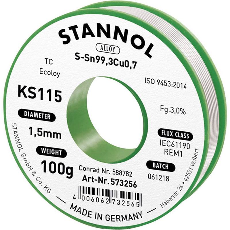 Foto van Stannol ks115 soldeertin, loodvrij spoel sn99,3cu0,7 100 g 1.5 mm