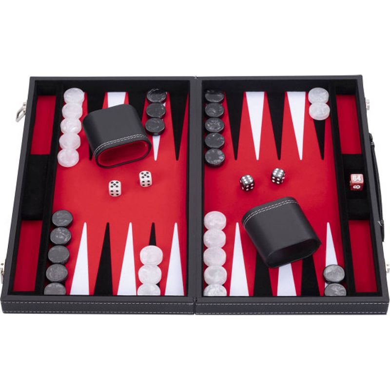 Foto van Backgammon spel - 15 inch - rood, zwart & wit - ingelegd vilt