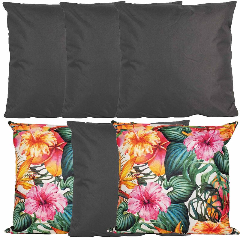 Foto van Bank/tuin kussens set - voor binnen/buiten - 6x stuks - antraciet/tropical print - 45 x 45 cm - sierkussens