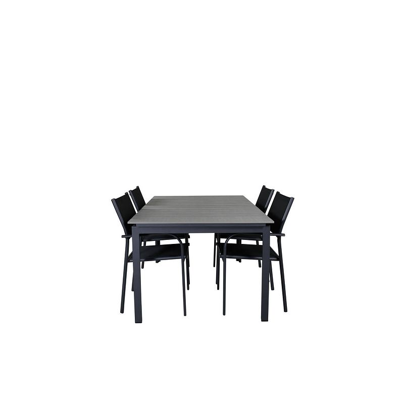 Foto van Levels tuinmeubelset tafel 100x160/240cm en 4 stoel santorini zwart, grijs.