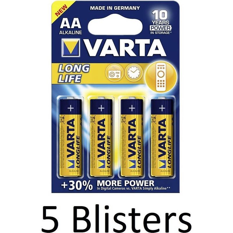 Foto van 20 stuks (5 blisters a 4 st) varta longlife mignon aa batterij