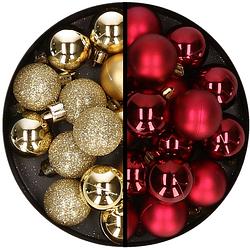 Foto van 36x stuks kunststof kerstballen goud en donkerrood 3 en 4 cm - kerstbal