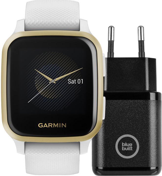 Foto van Garmin venu sq wit/goud + bluebuilt oplader