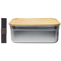 Foto van Krumble lunchbox rvs met houten deksel en bruine elastiek