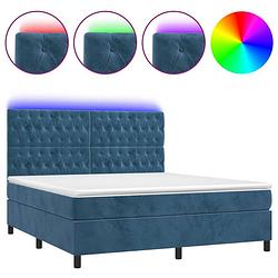 Foto van The living store boxspring donkerblauw fluweel 203x160x118/128cm - verstelbaar hoofdbord - kleurrijke led-verlichting