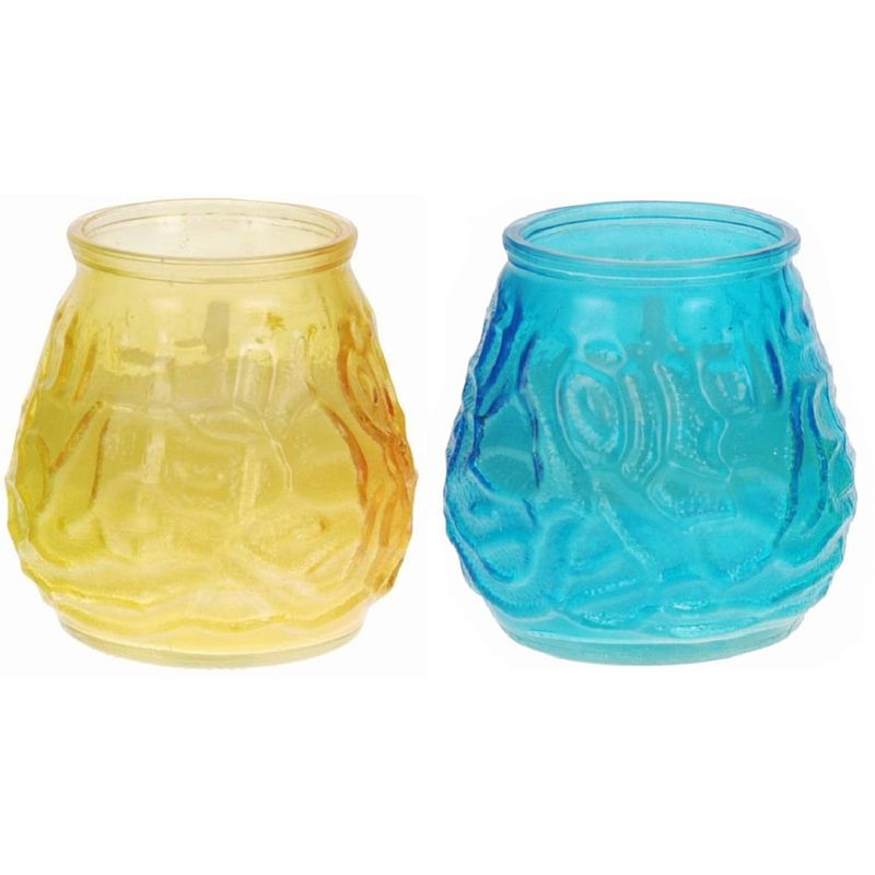 Foto van Set van 2x windlichten geurkaarsen citronella anti muggen geel en blauw glas - geurkaarsen