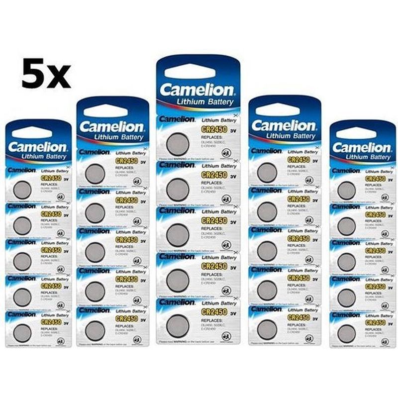 Foto van 25 stuks (5 blister a 5st) camelion cr2450 3v lithium knoopcelbatterij