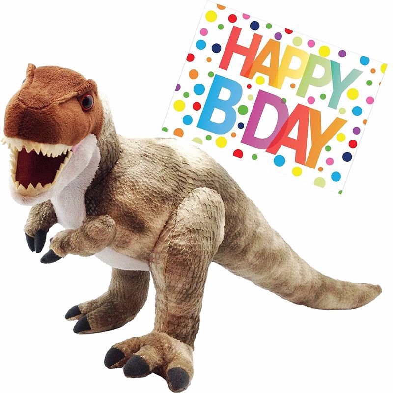 Foto van Pluche knuffel dino t-rex van 48 cm met a5-size happy birthday wenskaart - knuffeldier