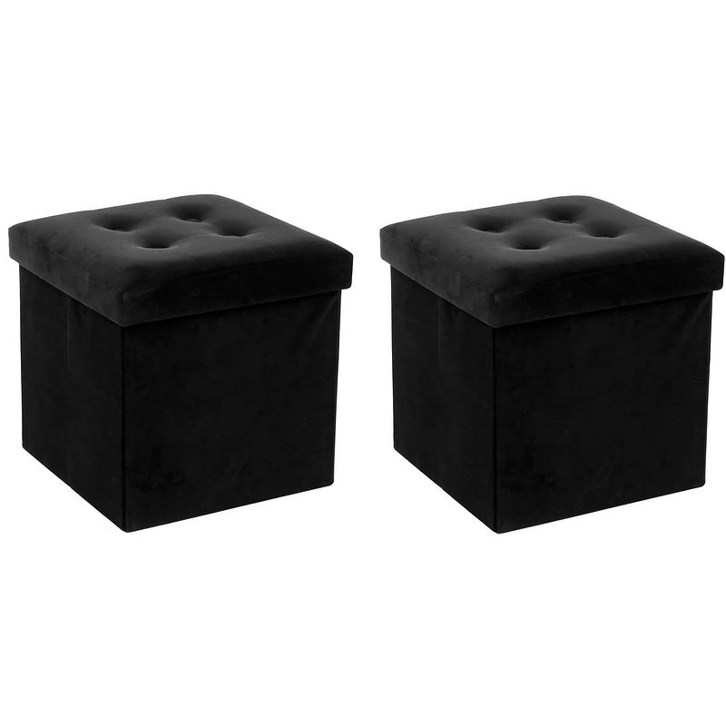 Foto van Atmosphera poef/hocker/voetenbankje - 2x - opbergbox - zwart - pu/mdf - 38 x 38 cm - poefs