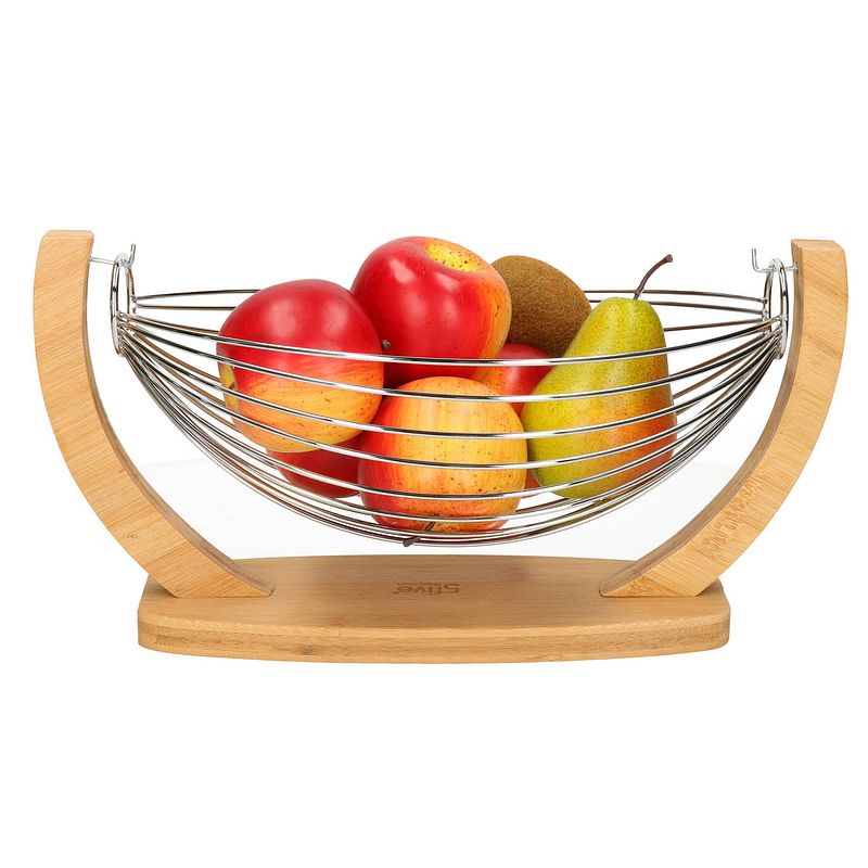 Foto van Fruitschaal/fruitmand hangend in voet hout/metaal 36 x 21 x 18 cm - fruitschalen