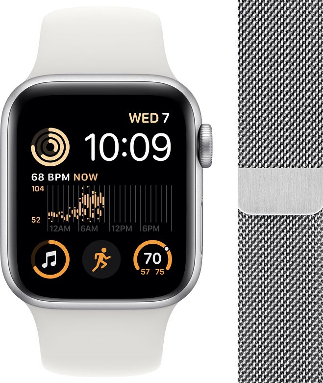 Foto van Apple watch se (2022) 4g 40mm zilver aluminium witte sportband + polsband milanees zilver