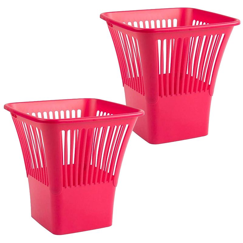 Foto van Plasticforte afvalbak/vuilnisbak/kantoor prullenbak - 2x stuks - plastic - fuchsia roze - 30 cm - prullenmanden