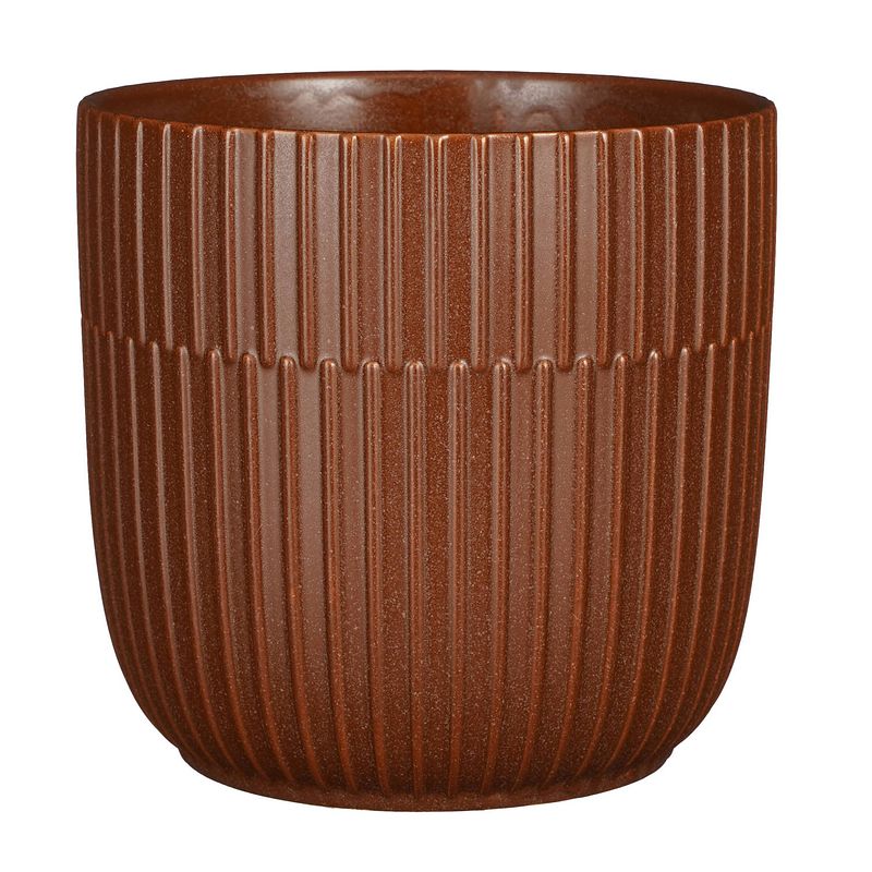 Foto van Plantenpot/bloempot keramiek mat bruin stripes patroon - d19/h18 cm - plantenpotten