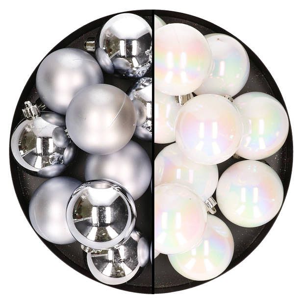 Foto van 24x stuks kunststof kerstballen mix van zilver en parelmoer wit 6 cm - kerstbal