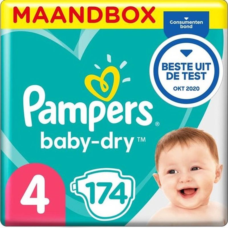 Foto van Pampers baby-dry - maat 4 (maxi) 9-14 kg - maandbox 174 stuks - luiers