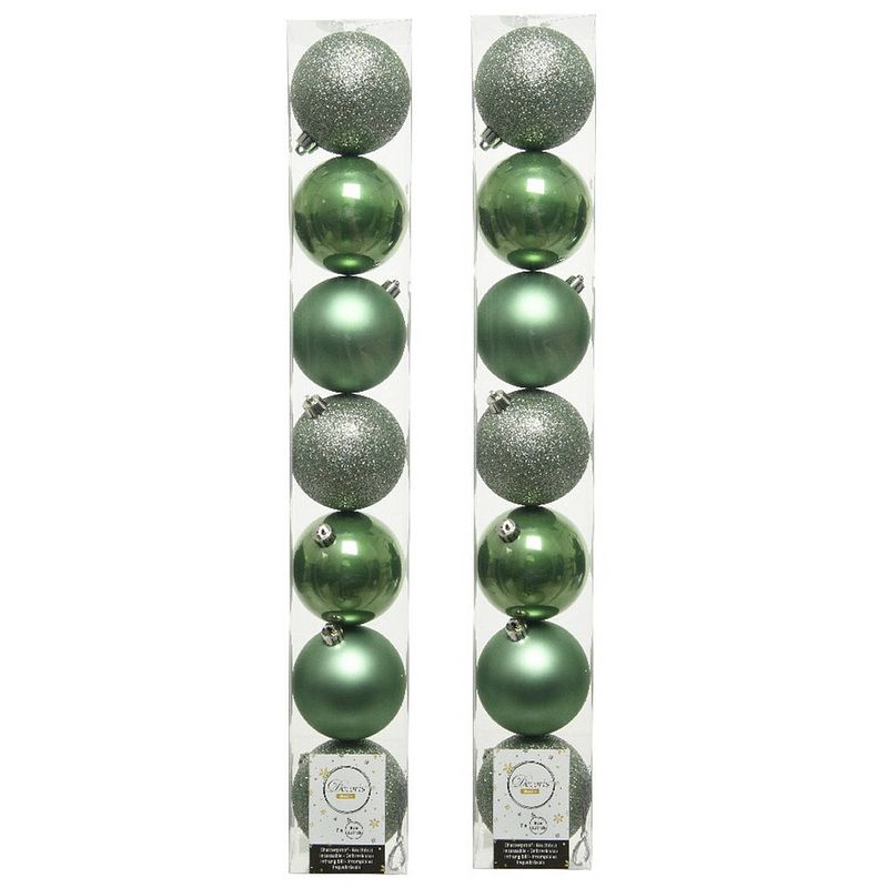 Foto van 14x stuks kunststof kerstballen salie groen(sage) 8 cm glans/mat/glitter - kerstbal