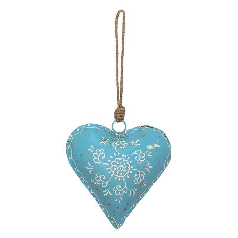 Foto van Clayre & eef decoratie hanger hart 15*4*15 cm blauw ijzer bloem woondecoratie blauw woondecoratie