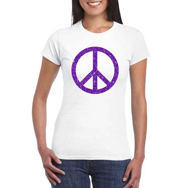 Foto van Toppers wit flower power t-shirt paarse glitter peace teken dames m - feestshirts