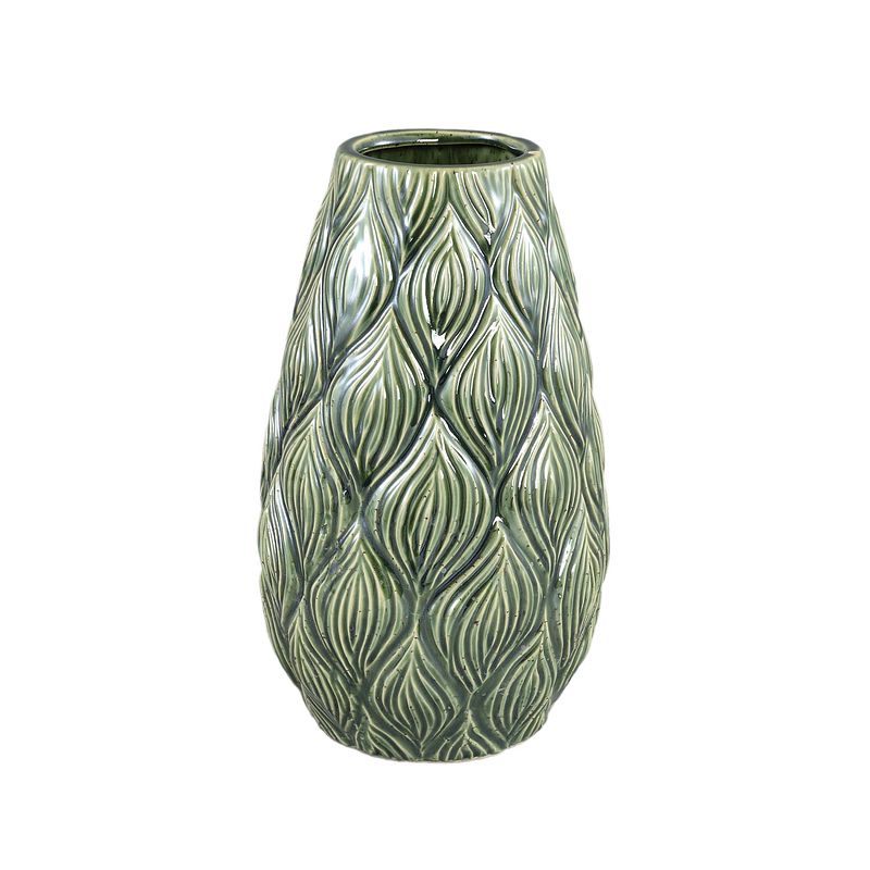 Foto van Ptmd lesly dark green ceramic pot wavy pattern m