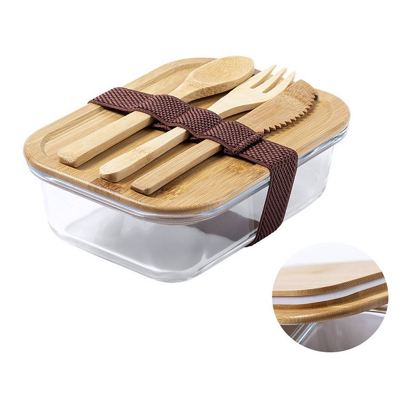 Foto van Bamboevezel lunchbox/broodtrommel met bestek 17 x 13 x 7 cm - broodtrommels