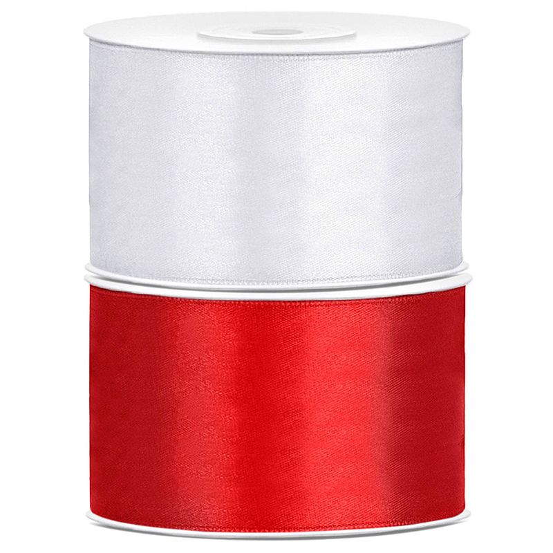 Foto van Set van 2 stuks sierlinten/cadeaulinten/satijnen linten wit en rood 38 mm x 25 meter - cadeaulinten