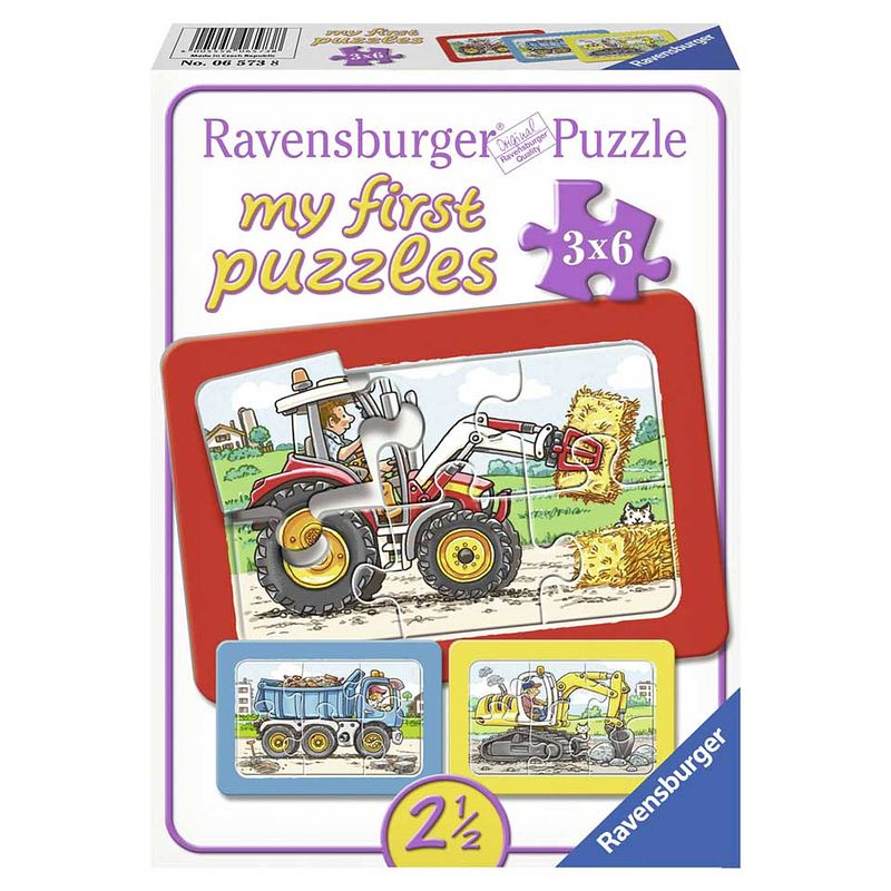 Foto van Ravensburger mijn eerste puzzel graafmachine + tractor + kiepauto - 3 x 6 stukjes