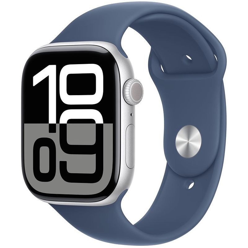 Foto van Apple watch series 10 gps + cellular 46mm aluminium case met denim sport band - m/l smartwatch zilver