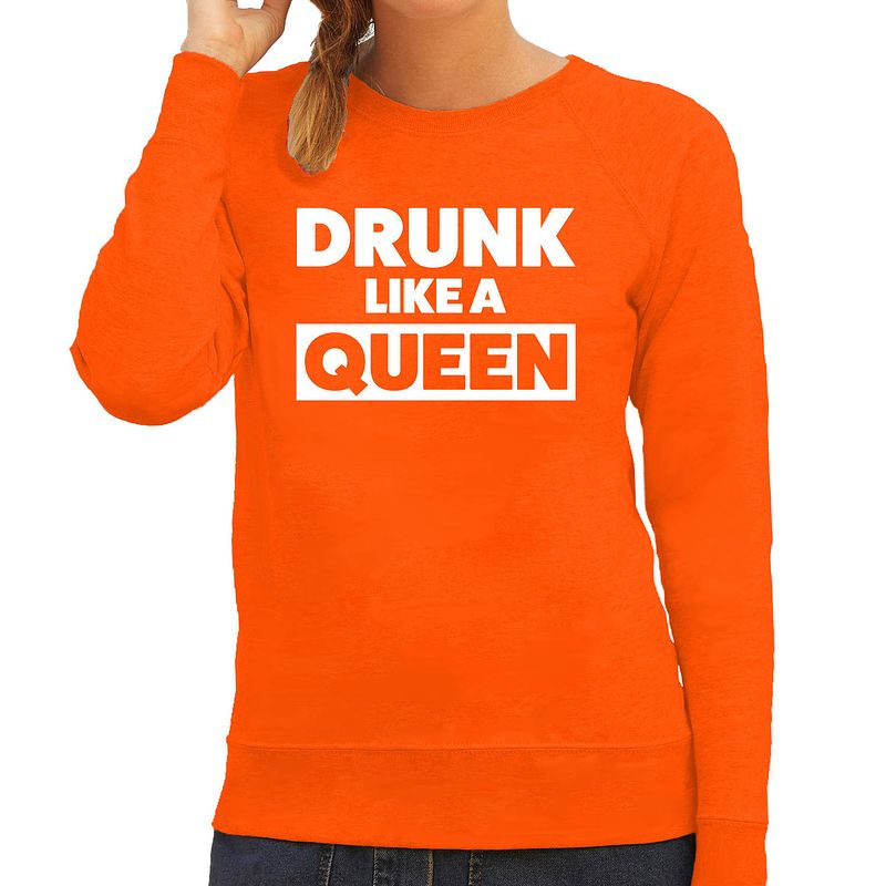 Foto van Drunk like a queen sweater oranje voor dames - koningsdag truien xs - feesttruien