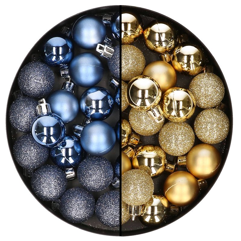 Foto van 40x stuks kleine kunststof kerstballen donkerblauw en goud 3 cm - kerstbal