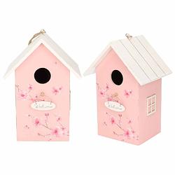 Foto van 2x nestkast/vogelhuisje hout roze met wit dak 15 x 12 x 22 cm - vogelhuisjes