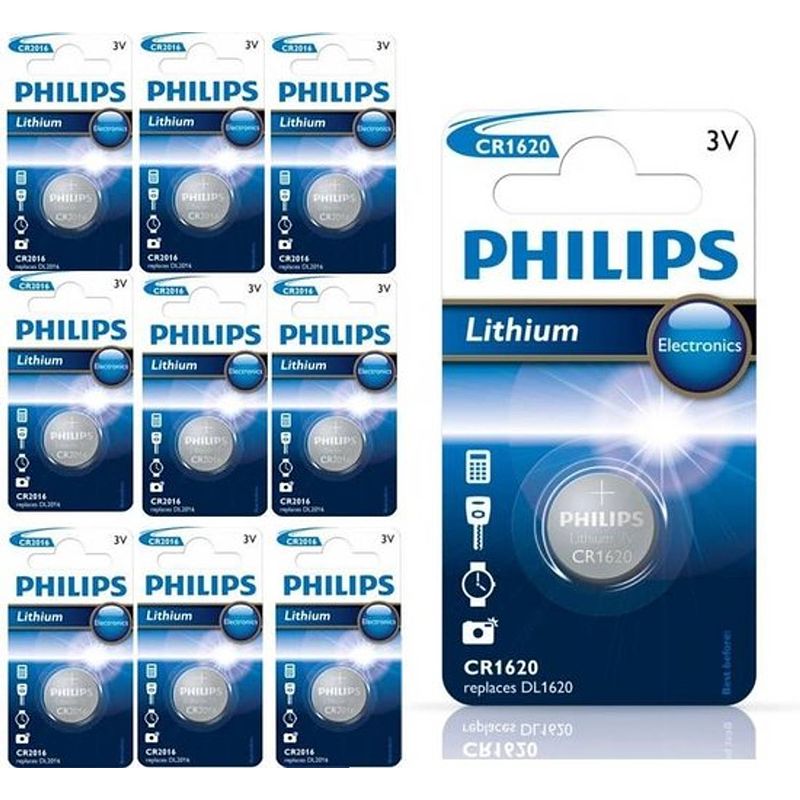 Foto van 10 stuks - philips cr1620 3v lithium knoopcelbatterij