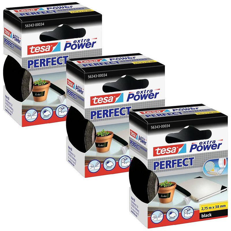 Foto van Tesa extra power perfect 56343-00500-04 textieltape zwart (l x b) 2.75 m x 38 mm 3 stuk(s)