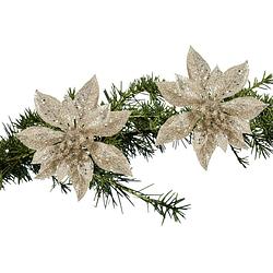 Foto van 2x stuks kerstboom decoratie bloemen champagne glitter op clip 15 cm - kunstbloemen