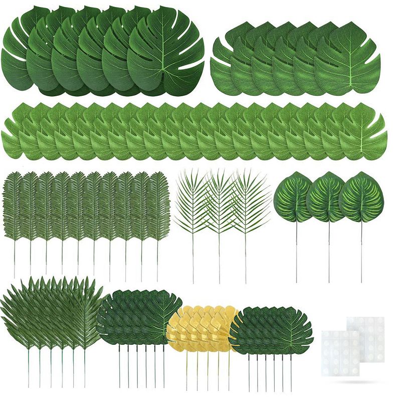Foto van Fissaly® 72 stuks tropische bladeren decoratie met lint - kunst blad - verjaardag jungle versiering - groen & goud