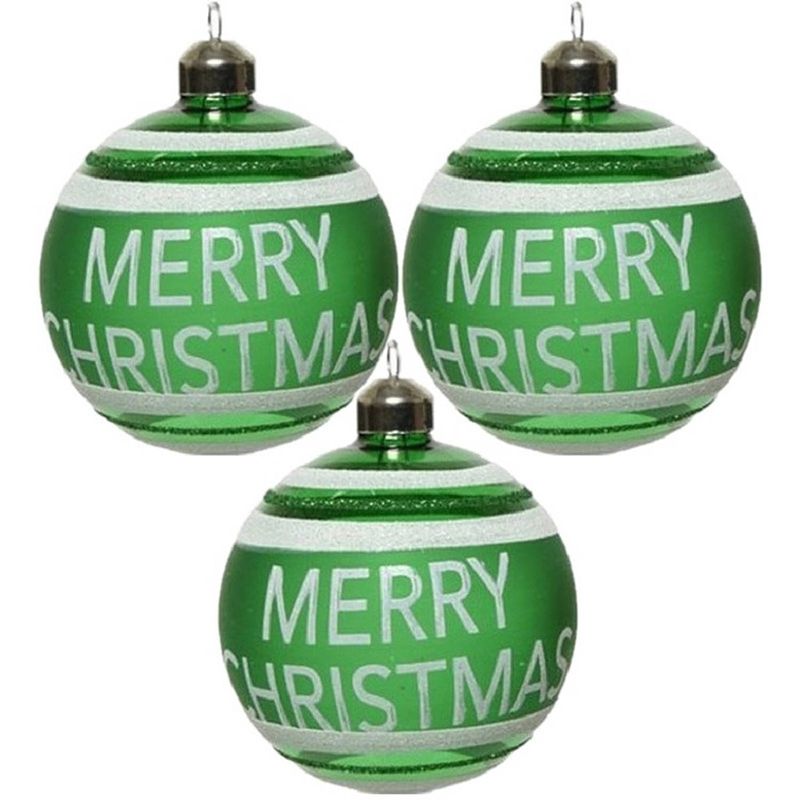 Foto van 3x groene glazen kerstballen merry christmas 8 cm - kerstbal